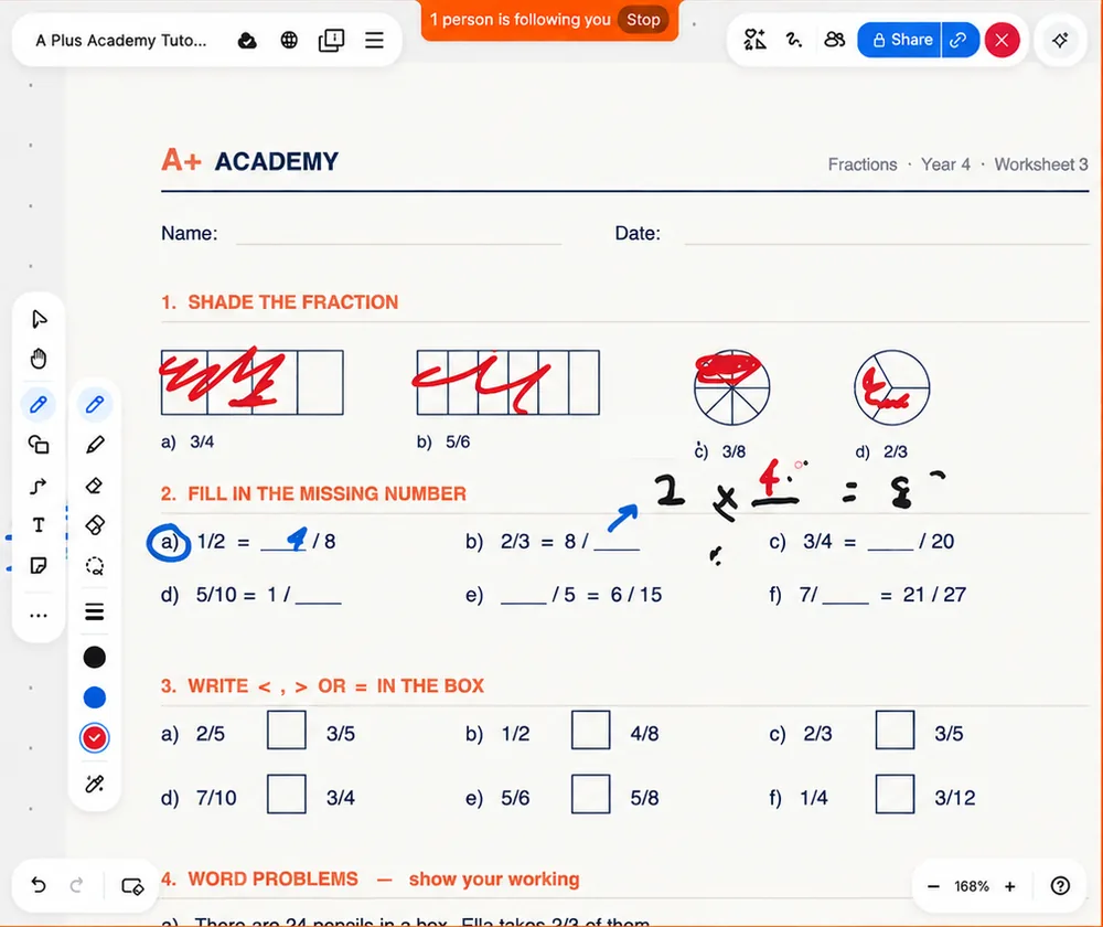Screenshot of an A+ Academy Zoom lesson: a Year 4 fractions worksheet on a shared whiteboard, with the student's shading and the tutor's working